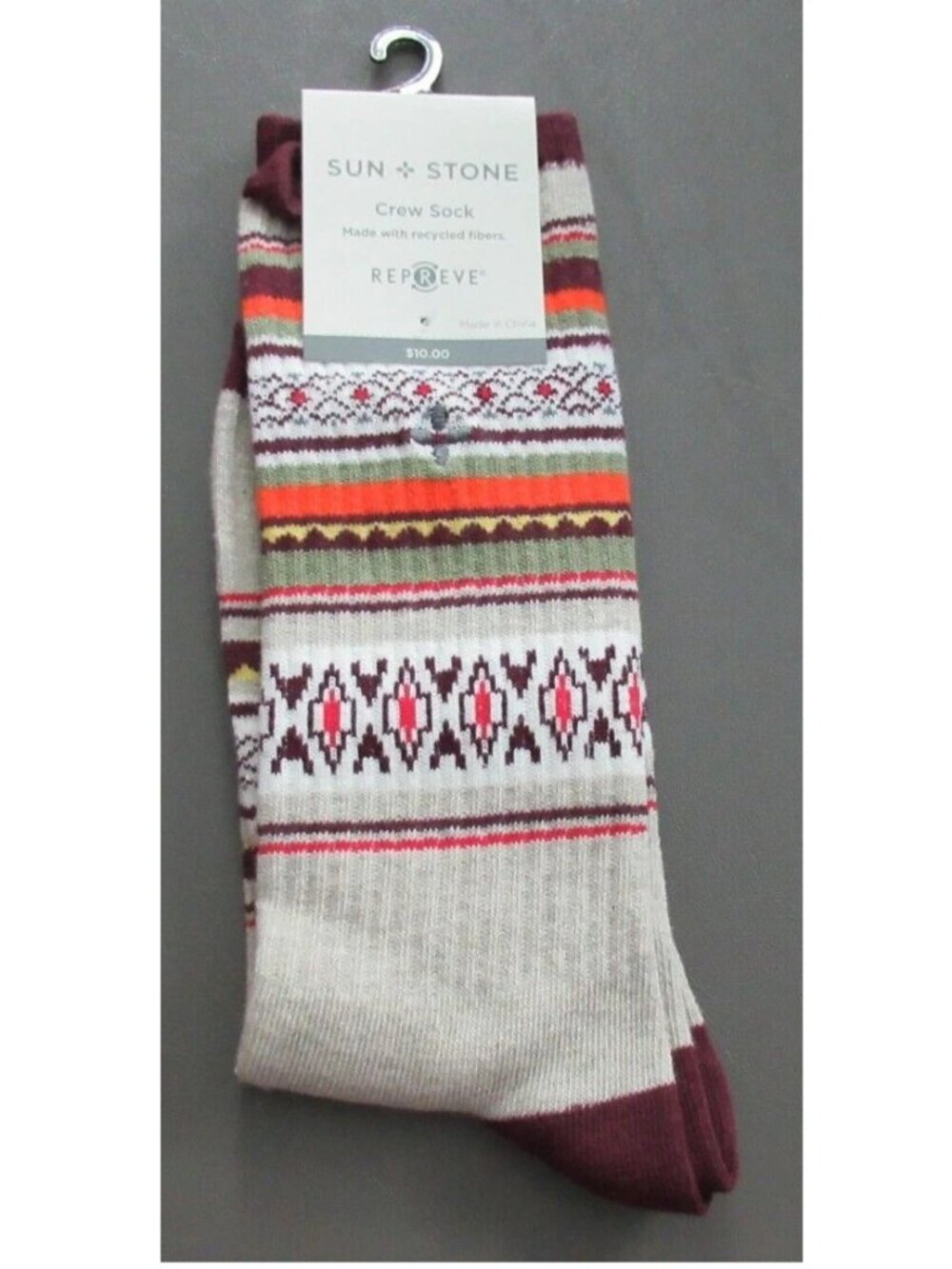 Sun + Stone Men's 1-Pair Crew Socks, Multicolor Stripe, Shoe Size 7-12
